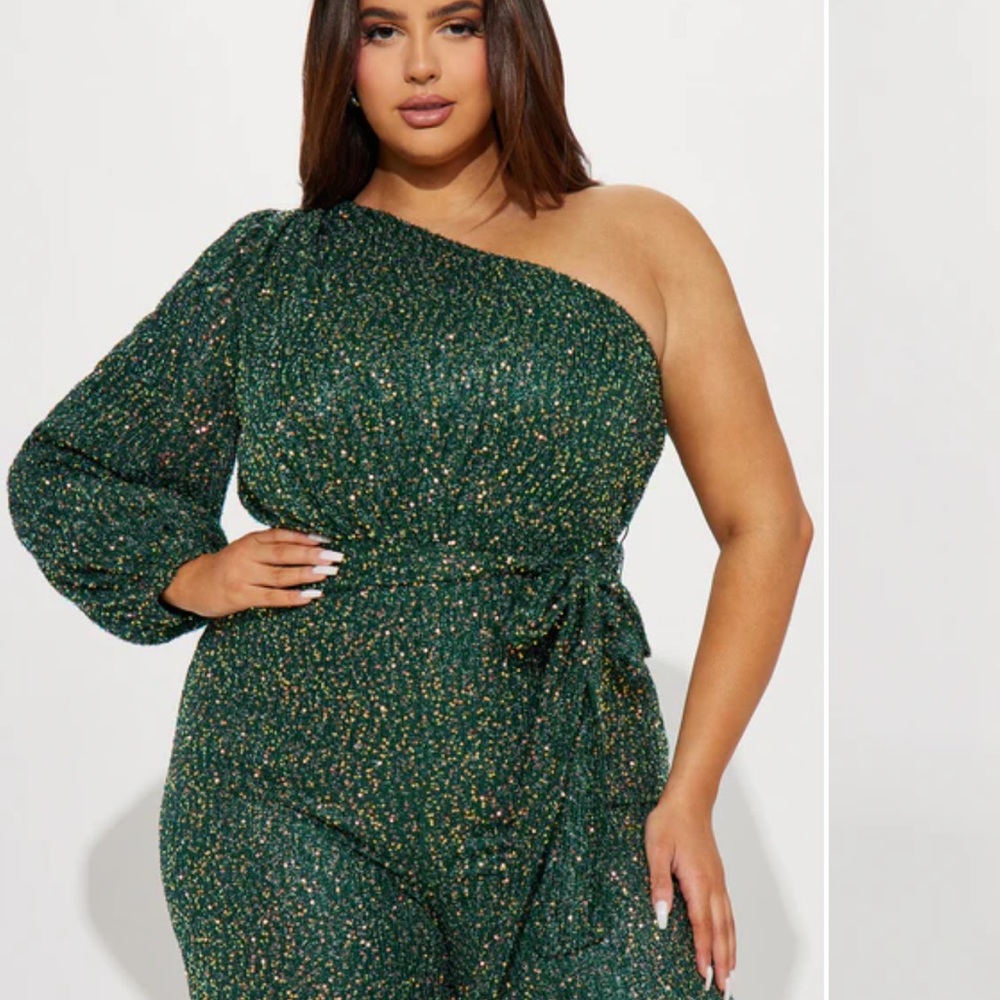 Fashion Nova Green One-Shoulder Jumpsuit
